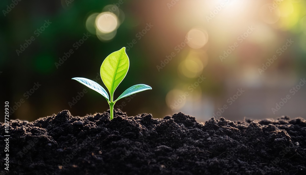 Close-Up Macro Photo of a Young Green Tree Plant Sprout Emerging from Rich Black Soil, Capturing the Beauty of Natures Growth and Renewal in a Vibrant and Detailed Perspective