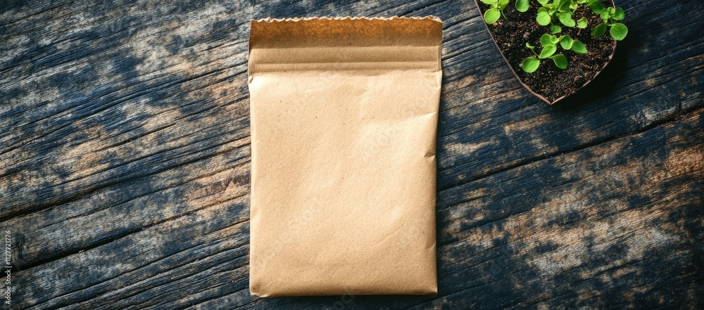 Blank Brown Paper Packet Beside Young Seedlings on Rustic Wood