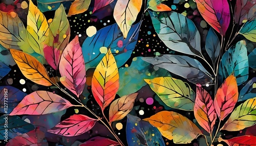 Vibrant Leaves and Dots: A Colorful Abstract Painting on Black Background, Showcasing Natures Beauty and Artistic Expression in a Unique Composition ().jpg