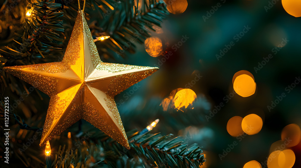 close up of a Christmas star on the top of the Christmas tree, close up of a Christmas star on the top of the Christmas tree,
