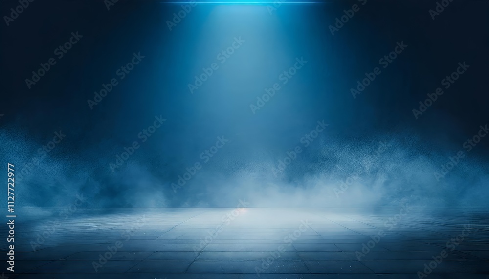 A Dark Empty Street with Neon Lights: An Eerie Scene Captured in Dark Blue, Highlighting the Stillness of the Night and the Contrast of Bright Spotlights against the Shadows of an Abandoned A Dark Empty Street with Neon Lights: An Eerie Scene Captured in Dark Blue, Highlighting the Stillness of the Night and the Contrast of Bright Spotlights against the Shadows of an Abandoned