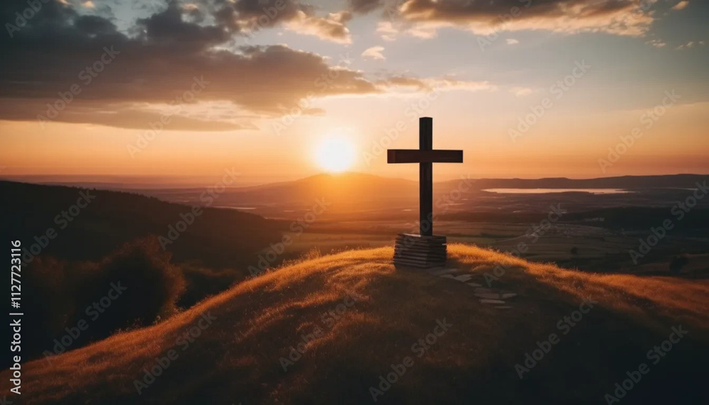 Wooden cross on the fill. The symbol of crucifixion of Jesus Christ. Wooden cross on the fill. The symbol of crucifixion of Jesus Christ.