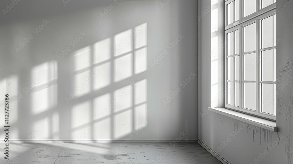 Obraz premium Sunlit Room Corner with Large Window and Shadow Patterns on Wall