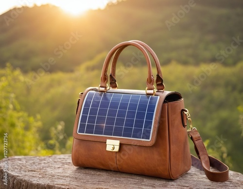 Stylish brown leather handbag with solar panel, set against a serene natural backdrop at sunset. photo