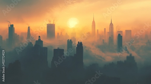 Iconic New York City view with bridges and skyscrapers, misty sunrise,