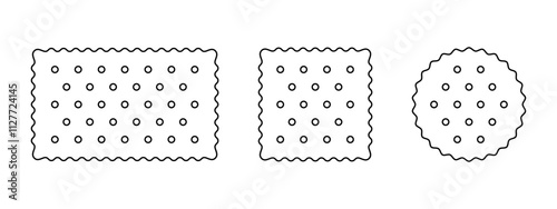 Cracker icons. Biscuit cookies in rectangle, square and round shapes. Kids crunchy snacks isolated on white background. Vector graphic illustration.