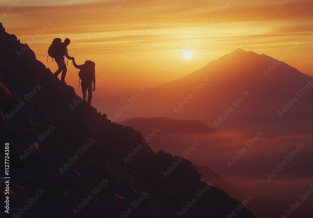 hikers silhouetted at a mountain summit during sunset, making it perfect for outdoor campaigns promoting teamwork and accomplishment. hikers silhouetted at a mountain summit during sunset, making it perfect for outdoor campaigns promoting teamwork and accomplishment.