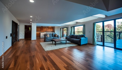 Spacious and Elegant Living Room Featuring a Stunning Large Wood Floor, Perfect for Family Gatherings, Entertaining Guests, and Creating Lasting Memories in a Beautifully Designed Space