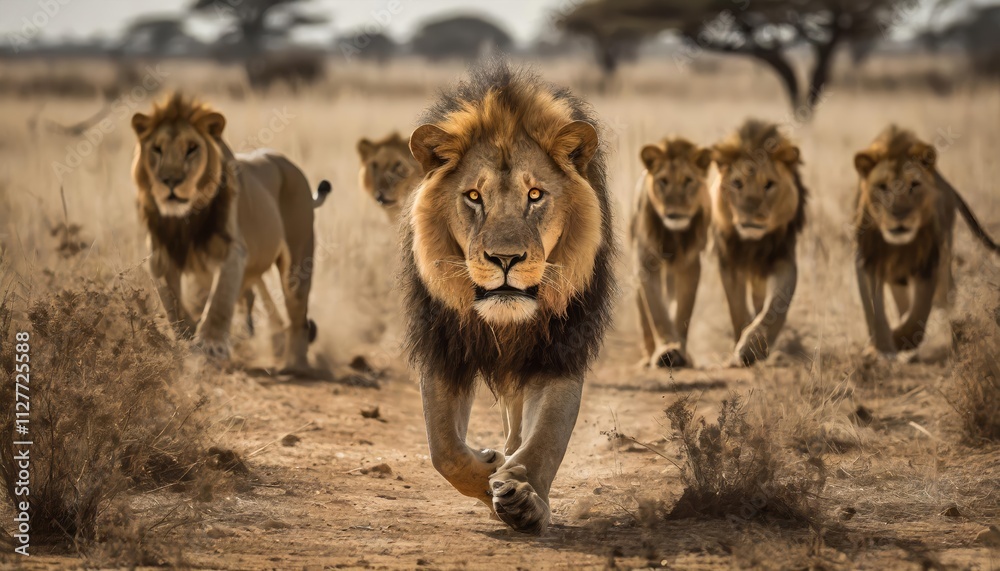 A Majestic Lion Pride Hunting Prey Through the Dry Savanna, Captured in Stunning Detail with a Beautiful Male Lion Leading the Charge Towards the Camera in ().jpg A Majestic Lion Pride Hunting Prey Through the Dry Savanna, Captured in Stunning Detail with a Beautiful Male Lion Leading the Charge Towards the Camera in ().jpg