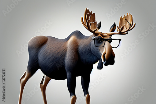 Moose wearing glasses and hat. Moose with glasses on gray background. Elk with brown glasses on a gray background. A moose with glasses and a brown elk on a gray background lifestyle. photo