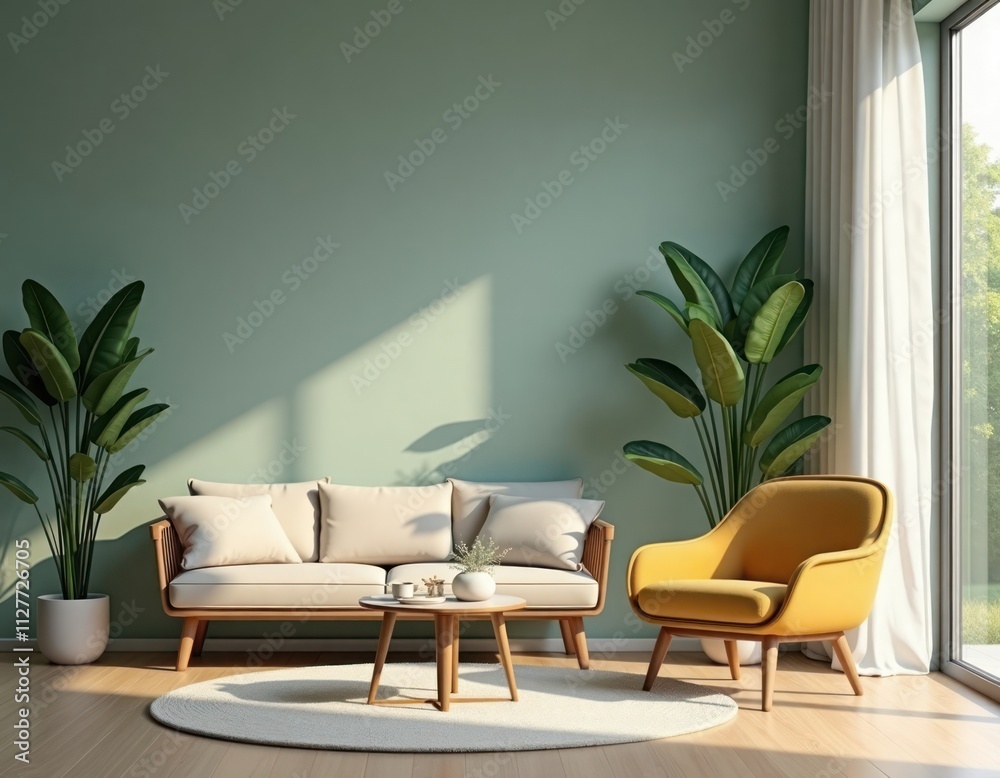 Modern living room corner. Beige couch, yellow armchair sit on light beige rug. Wooden coffee table, green plants add natural elements. Sunlight streams in through large windows. Peaceful, calming Modern living room corner. Beige couch, yellow armchair sit on light beige rug. Wooden coffee table, green plants add natural elements. Sunlight streams in through large windows. Peaceful, calming