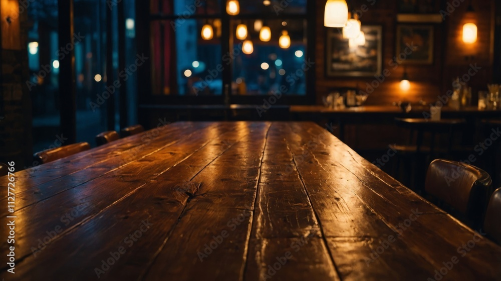 Wooden table with warm restaurant lights backdrop Wooden table with warm restaurant lights backdrop