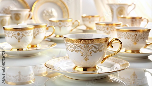 Elegant Tea Cups and Coffee Mugs with Golden Trim on a White Background, Capturing the Surreal Beauty of Delicate Porcelain in a Dreamlike Setting