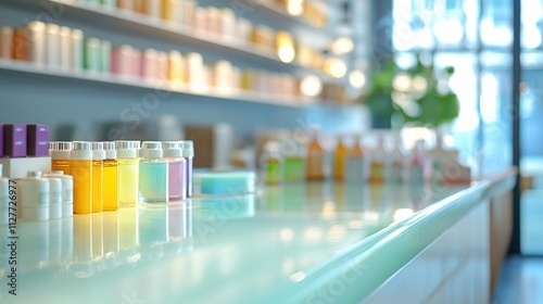 A variety of colorful bottles and containers displayed on a bright countertop in a modern setting.