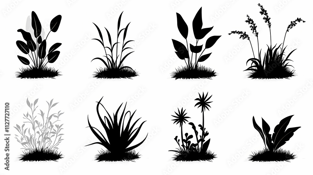 Fototapeta premium Black plants icons set - grass, plants, foliage, leaves, nature, garden, outdoors, green, vegetation, landscape, set, botanical, illustration, black and white. Silhouette. Illustration