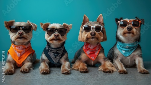 Four dogs wear sunglasses, bandanas posing for studio fashion shoot. Look happy, cool. In various colorful bandanas. Photo creative, humorous animal portrait. Studio shot against teal background. photo