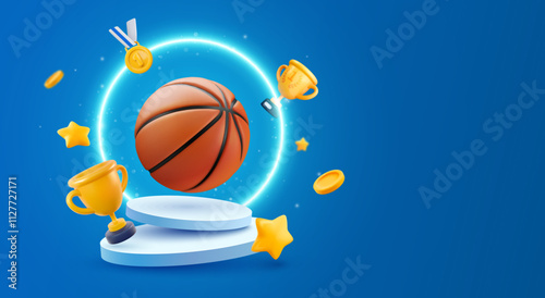  3d Basketball ball on podium with flying cups, medals, stars with neon lights effect on blue background. Hoops ball competition vector illustration. Sport banner template.