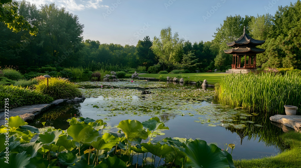 Beijing Chinese garden with pagoda and water lilies, serene cultural sanctuary Beijing Chinese garden with pagoda and water lilies, serene cultural sanctuary