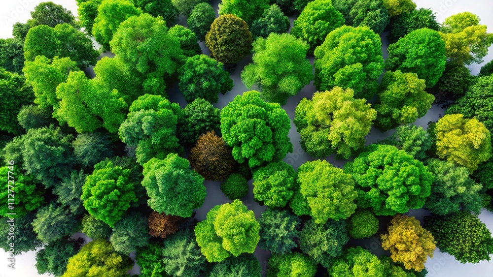 Naklejka premium A bird's-eye view reveals a vibrant green tree canopy, isolated leaves detail against a verdant background.