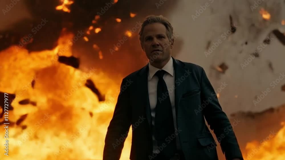 exiting Action shot with man running away from explosion on car. A dynamic scene with fire in action movie blockbuster style