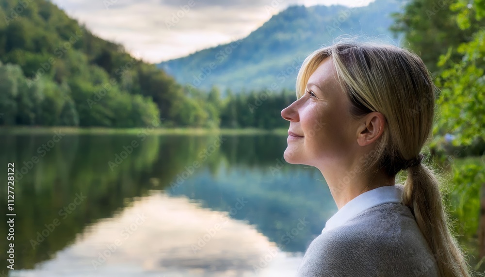 A Serene Profile Portrait of a Woman in Contemplation by a Tranquil Lake, Capturing the Essence of Peacefulness and Reflection Amidst Natures Beauty and Serenity