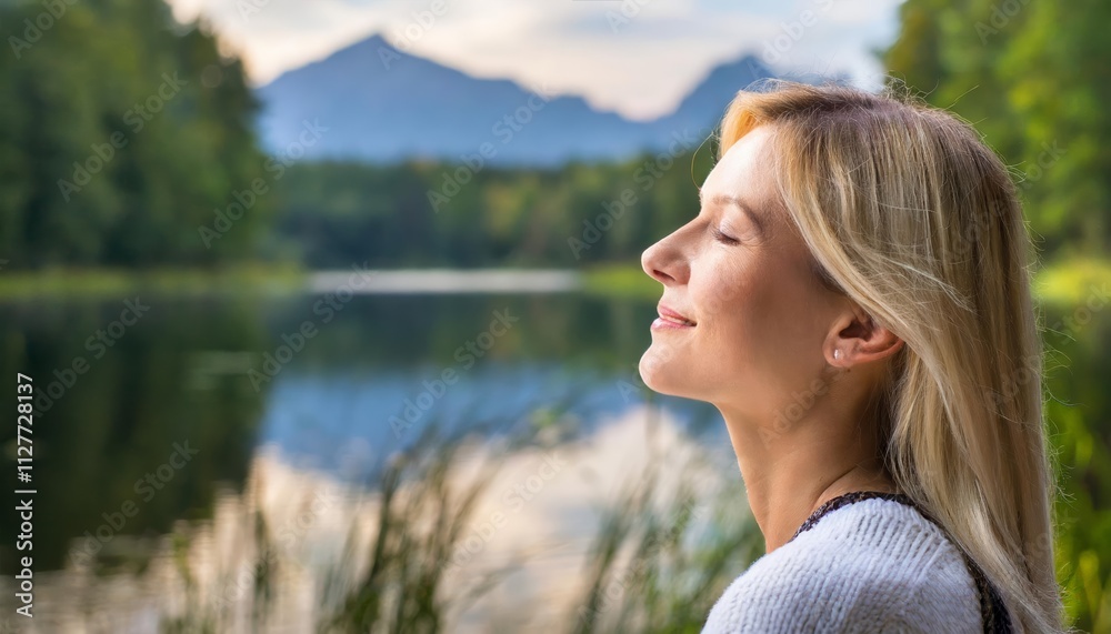 A Serene Profile Portrait of a Woman Enjoying a Tranquil Lake, Capturing the Essence of Contemplation and Peaceful Reflection Amidst Natures Beauty and Serenity A Serene Profile Portrait of a Woman Enjoying a Tranquil Lake, Capturing the Essence of Contemplation and Peaceful Reflection Amidst Natures Beauty and Serenity