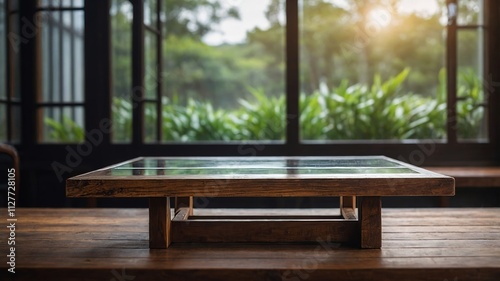 Wooden table with blurred glass window background