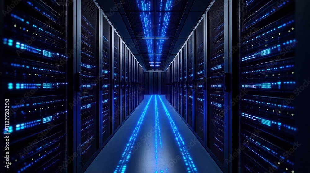 Modern data center. Glowing blue tech infrastructure. Server racks. High tech AI system. Data processing. Network architecture. Tech solutions. Generative AI hub. Advanced server system. Futuristic Modern data center. Glowing blue tech infrastructure. Server racks. High tech AI system. Data processing. Network architecture. Tech solutions. Generative AI hub. Advanced server system. Futuristic