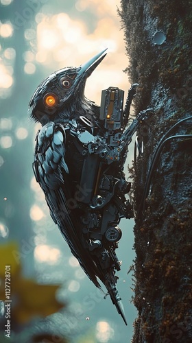 A Robotic Woodpecker Perched on a Tree Trunk photo