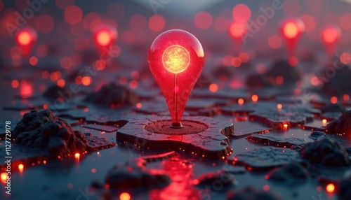 Red glowing location pin lights futuristic city landscape. Abstract tech eco scene. Glowing red pin on dark rocky surface. Future tech concept. Innovative design. Digital art. Abstract art piece. photo