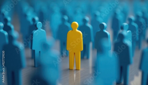 Yellow figure stands out among blue figures. Concept represents finding right person in HR. Focus on business strategy, organizational psychology. HR professionals, recruiters, business leaders use