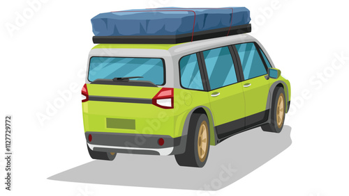 Rear side of tourist car green color. With luggage on the roof rack and flysheet to protect it from the rain. on isolate white background.