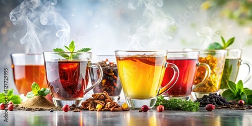 A delightful array of herbal teas awaits; sample the variety in elegant glass cups, beautifully presented on white.