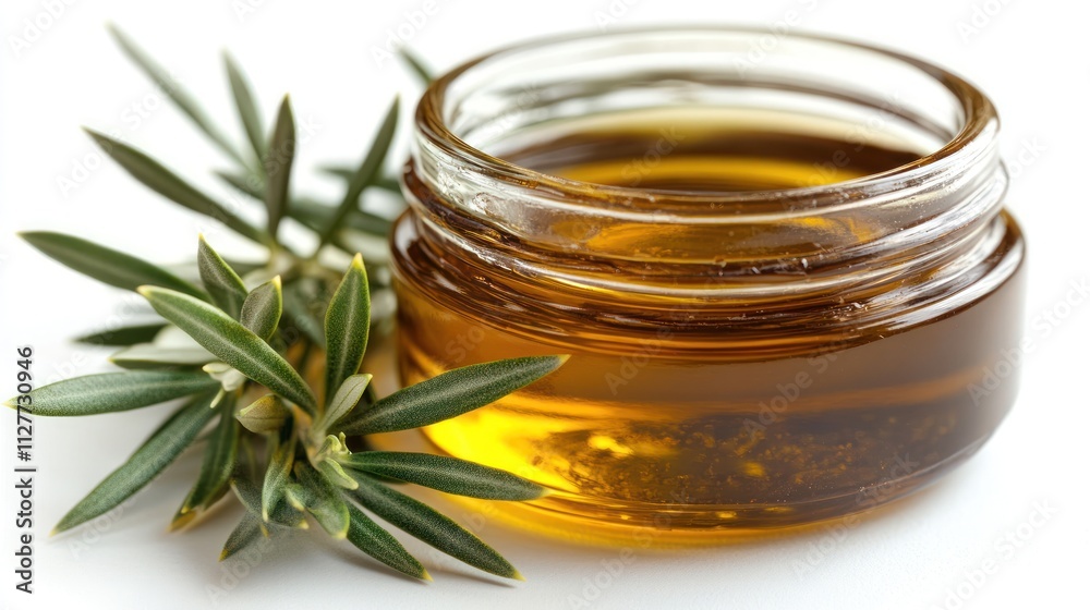 Olive oil in glass jar with leaves. Olive oil in glass jar with leaves.
