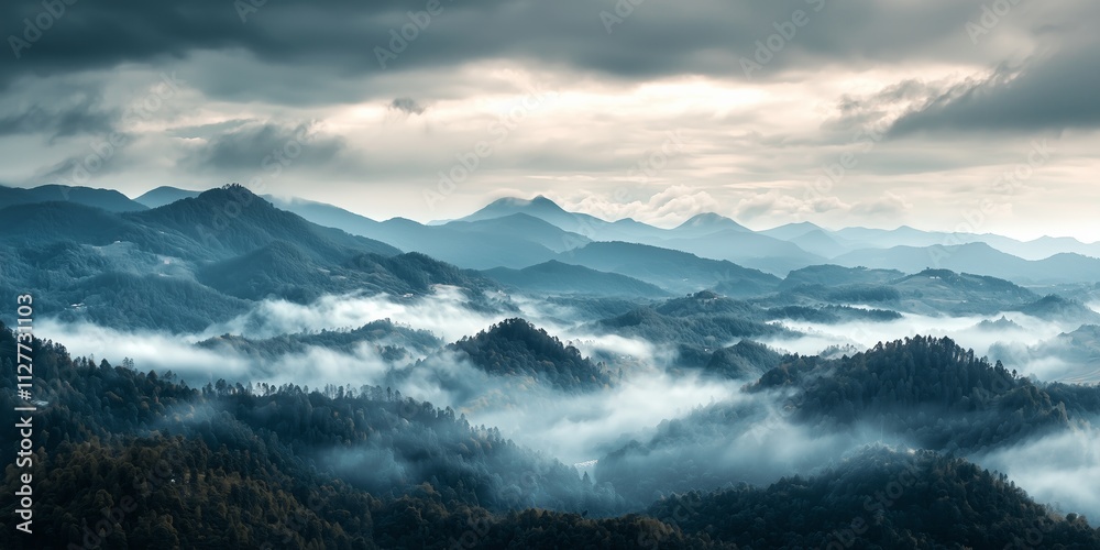 mountains in the fog under gray clouds mountains in the fog under gray clouds
