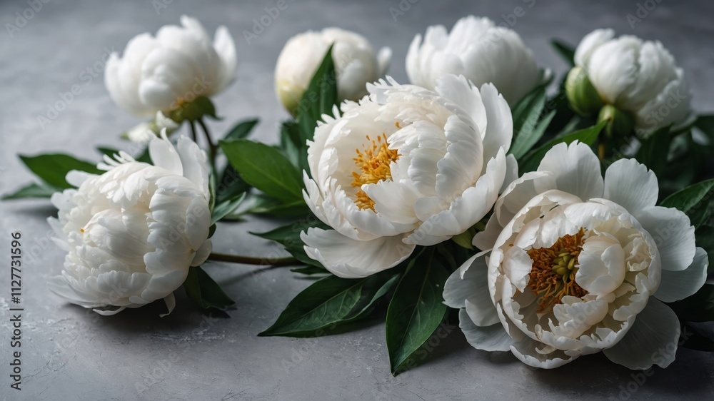 White peony flowers on light gray background White peony flowers on light gray background