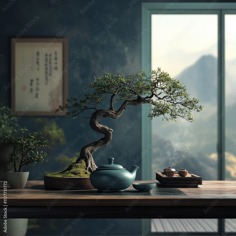 Japanese Tea on a Wooden Desk Inside a Room with a Bonsai Tree in a Pot Japanese Tea on a Wooden Desk Inside a Room with a Bonsai Tree in a Pot