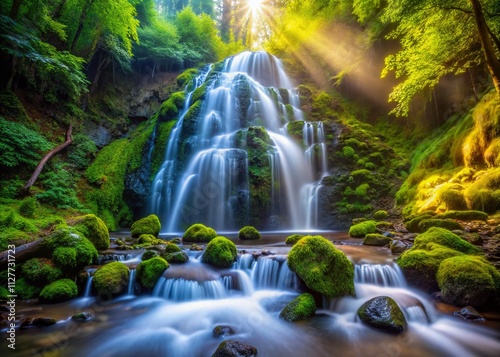 Enchanting Bokeh Effect of Fairy Falls on Wahkeena Trail, Columbia River, Oregon – Captivating Nature Scene with Cascading Water and Lush Greenery in a Dreamy Atmosphere photo