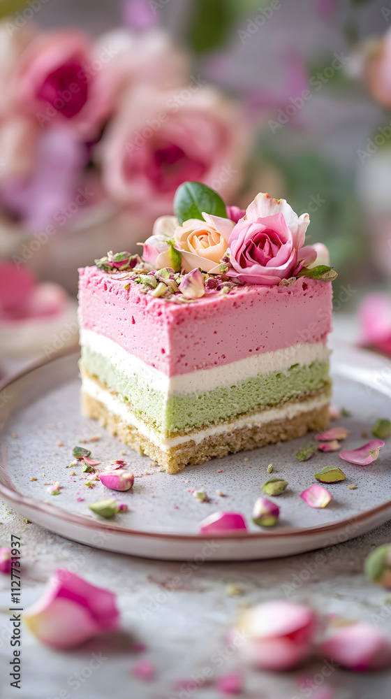 Fototapeta premium A beautifully layered cake with pink and green frosting, adorned with edible flowers.