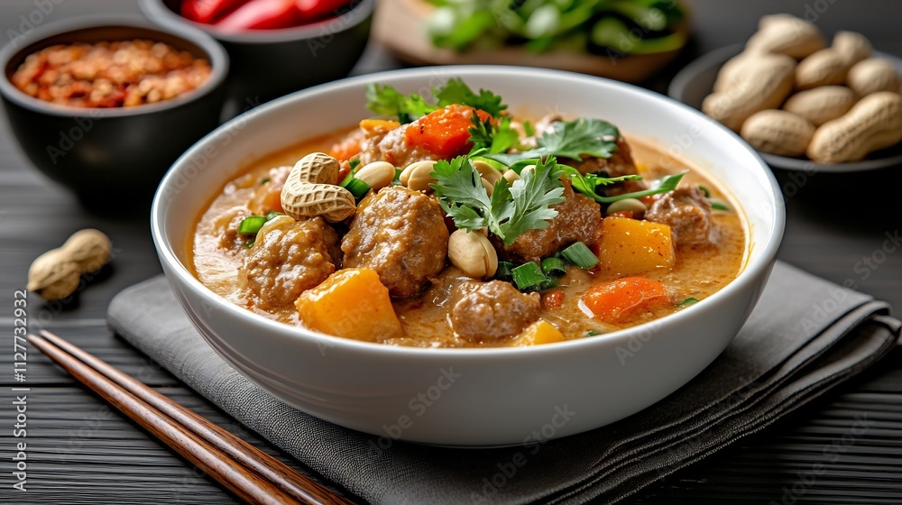 Massaman Curry Dish Garnished with Thai Herbs and Peanuts on Bright Minimalist Backdrop Massaman Curry Dish Garnished with Thai Herbs and Peanuts on Bright Minimalist Backdrop