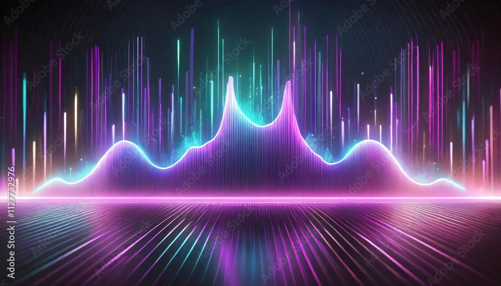 Abstract Background Featuring a Vibrant Equalizer Effect with Neon Lights and Sound Waves, Perfect for Music, Technology, and Creative Projects Abstract Background Featuring a Vibrant Equalizer Effect with Neon Lights and Sound Waves, Perfect for Music, Technology, and Creative Projects