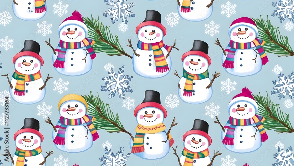 seamless pattern with cheerful snowmen wearing colorful scarves, interspersed with fir branches and detailed snowflakes. seamless pattern with cheerful snowmen wearing colorful scarves, interspersed with fir branches and detailed snowflakes.