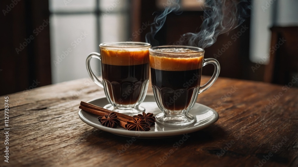 Trio of hot beverages on wooden surface Trio of hot beverages on wooden surface