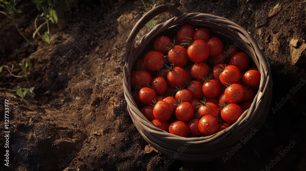 A high angle perspective of a rustic wooden basket filled with freshly picked tomatoes, placed on rich soil in the middle of a vibrant garden, soft shadows enhancing the natural and earthy appeal A high angle perspective of a rustic wooden basket filled with freshly picked tomatoes, placed on rich soil in the middle of a vibrant garden, soft shadows enhancing the natural and earthy appeal
