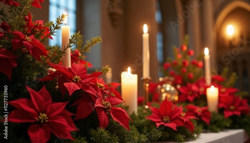 Christmas Eve mass altar displays red poinsettias, white candles. Festive decorations create peaceful atmosphere in church. Warm light from candles highlights vibrant red flowers, evergreen branches. photo