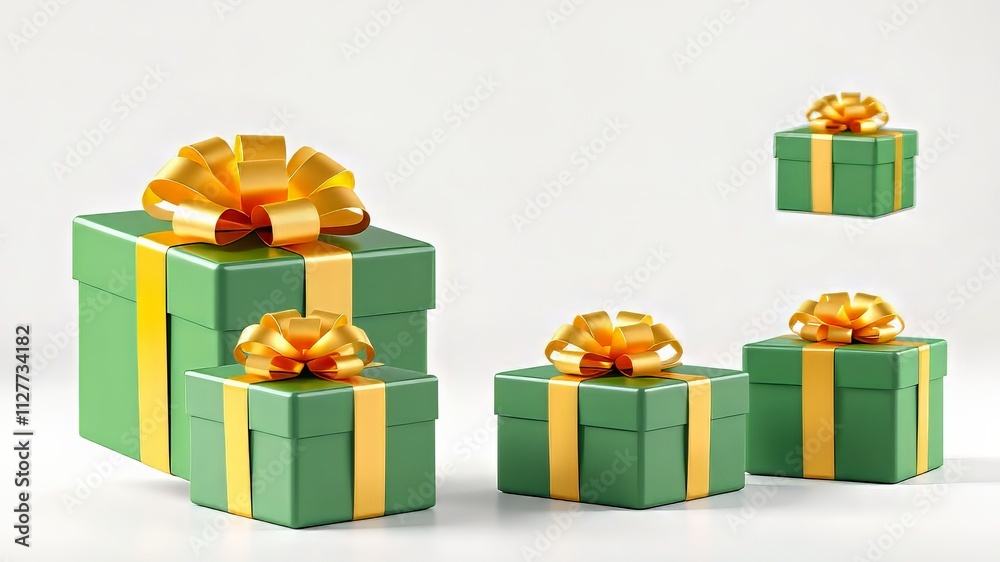 Obraz premium 3D Rendered Gift Boxes - Green with Gold Bow - Realistic Gift Wrapping