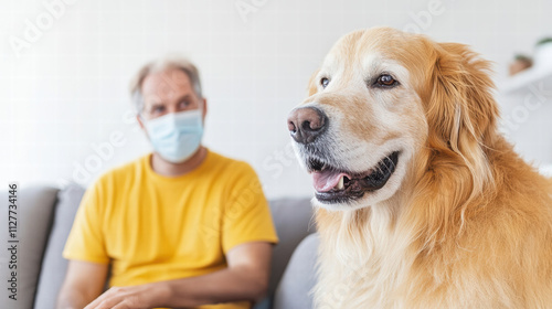 man wearing mask sits on couch with golden retriever, showcasing companionship and care during health conscious time photo