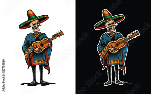 A skeleton in a sombrero with a guitar in his hands. Original vector illustration in vintage style. T-shirt design.