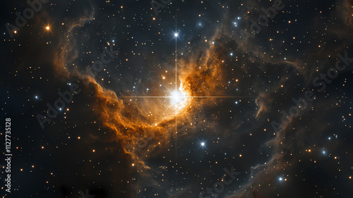 Majestic star shining brightly in a vast, dark night sky filled with countless twinkling stars and nebulous clouds. Nebulous. Illustration