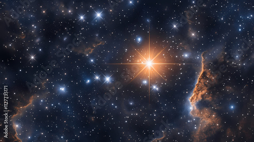 Majestic star shining brightly in a vast, dark night sky filled with countless twinkling stars and nebulous clouds. Nebulous. Illustration